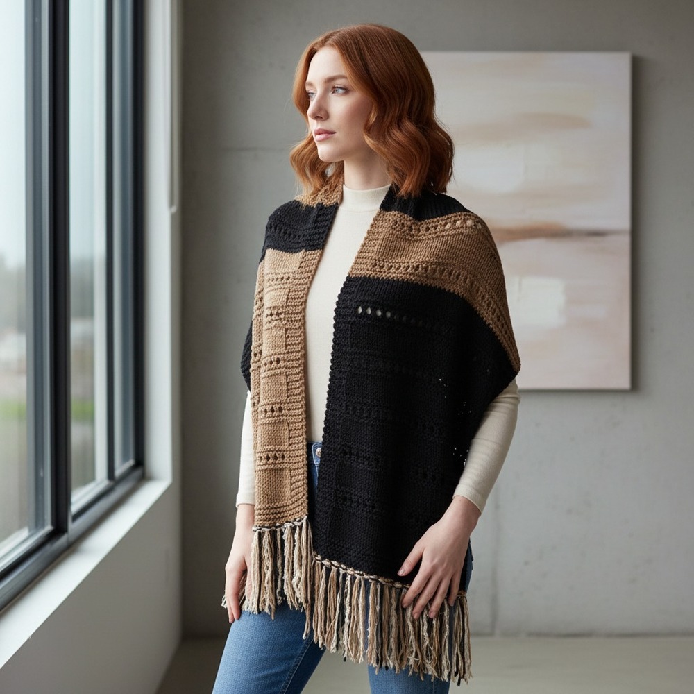 NEW Black Brown Colorblock Hand Knitted Shawl Scarf Wrap Boho Hippie Artsy Indie